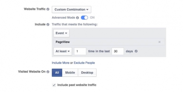 Facebook audience custom combination screen