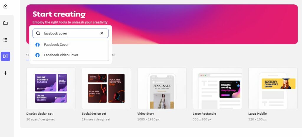 choose the facebook cover size from the search bar