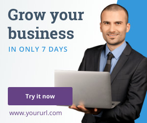 Grow your business advertisement man holding laptop