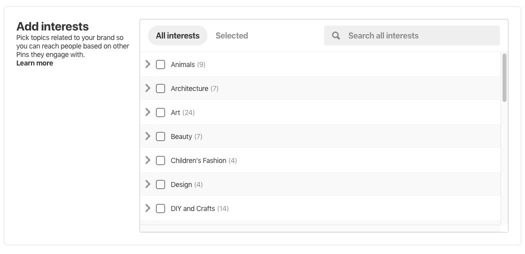 pinterest targeting interests