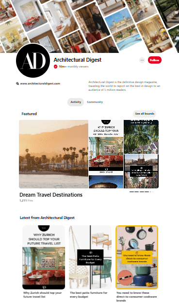 Architectural Digest Pinterest Page