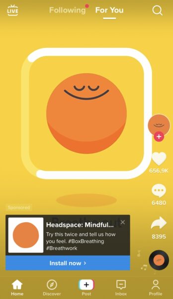 A screenshot of a TikTok ad for the app called Headspace.
