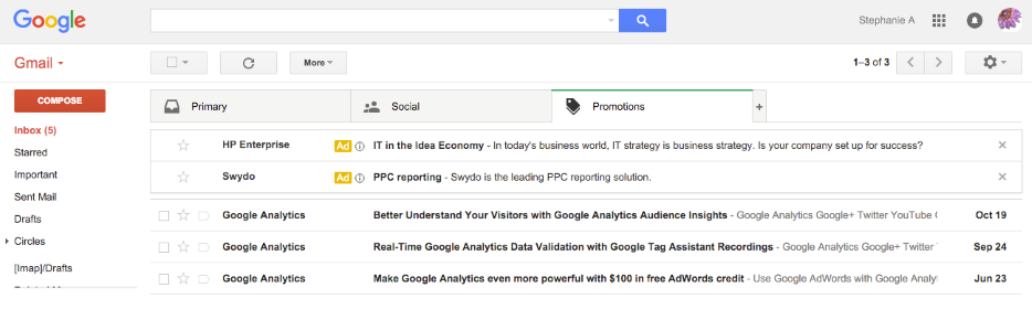 Gmail promotions email ad example.