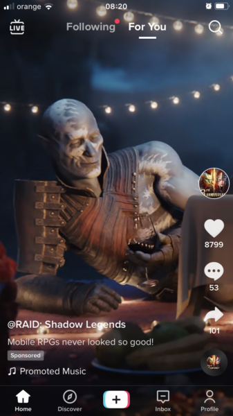 RAID: Shadow Legends video ad on TikTok For You Page.