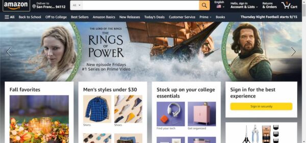 Amazon's homepage in early September 2022.