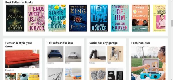 Amazon's website's books and furniture menu in early September 2022.
