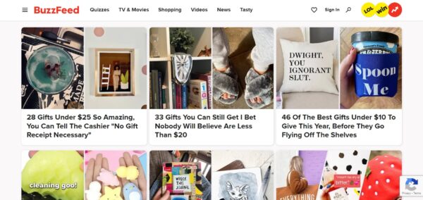 An image showing the Gift Guides section on Buzzfeed's website.