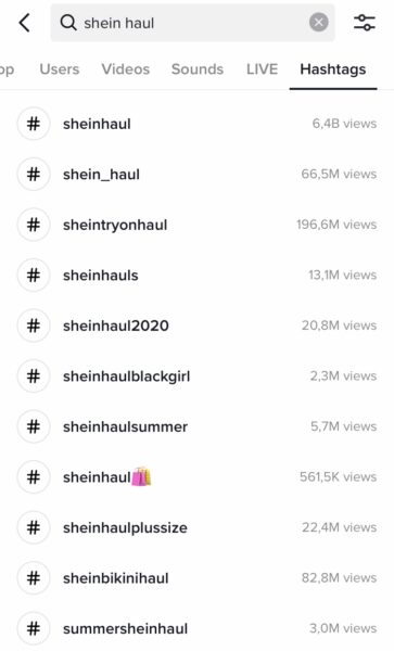 Top performing Shein related hashtags on TikTok.