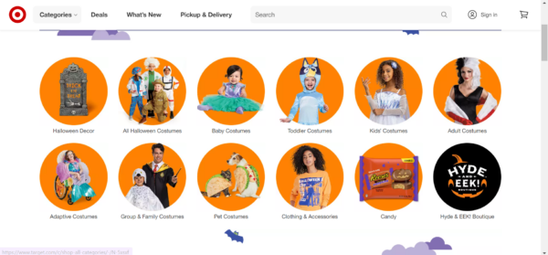 A page on Target's website advertising Halloween costumes and other goods for kids.